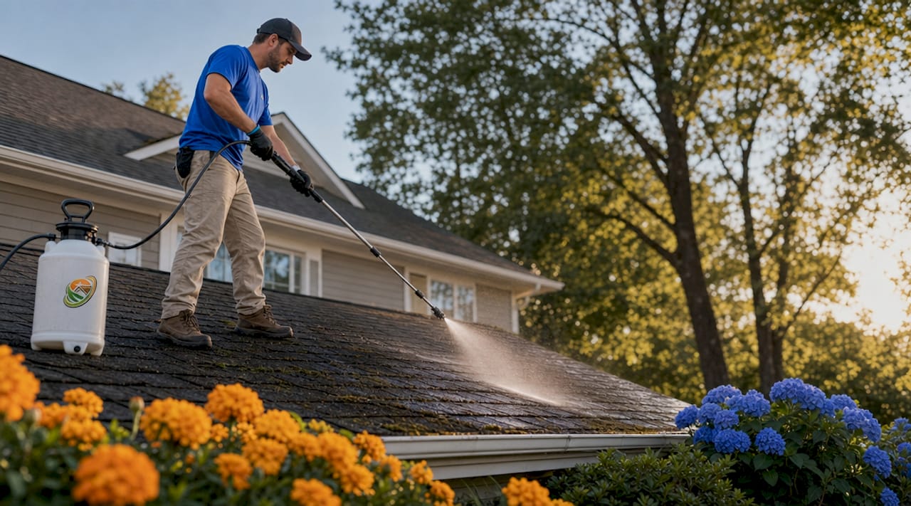 Technician spraying algae-killing roof chemicals