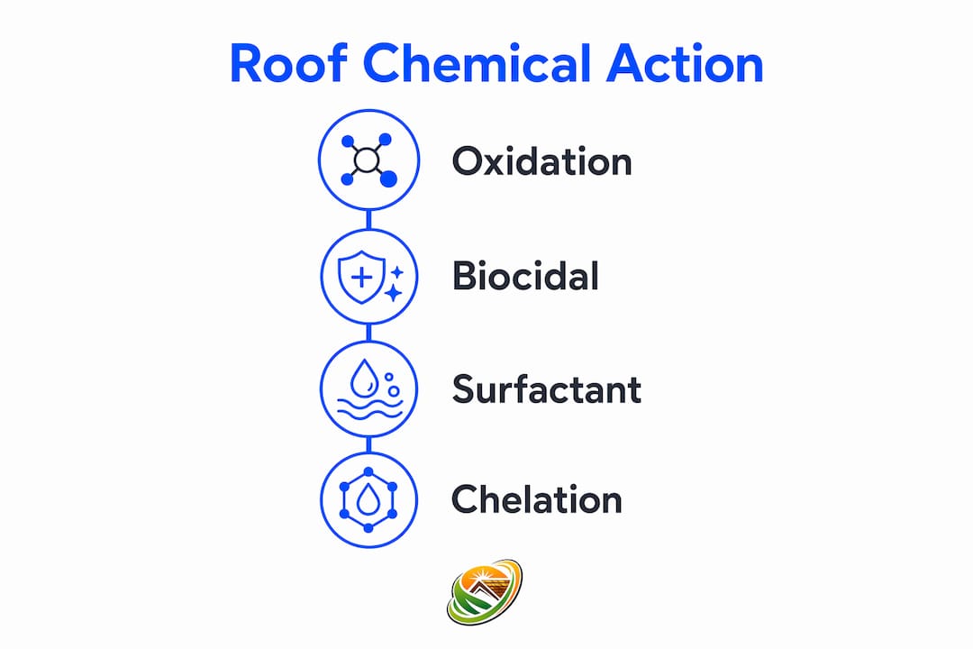 Infographic showing four chemical mechanisms for roof cleaning