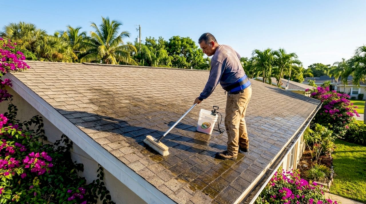 Person cleaning algae off roof shingles