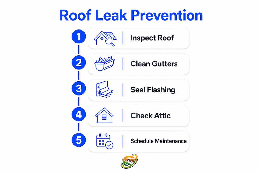 Infographic with five key roof leak prevention steps