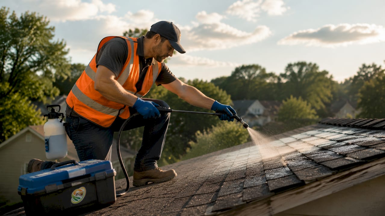 Roof technician spraying shingle treatment