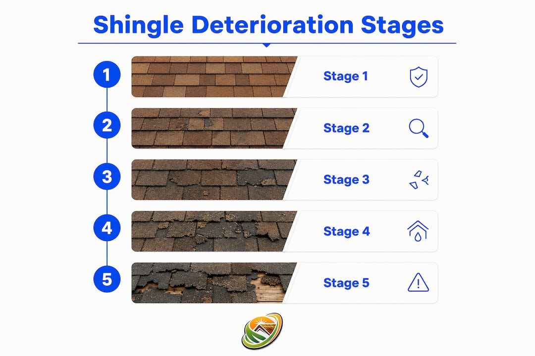 Infographic illustrating stages of shingle deterioration