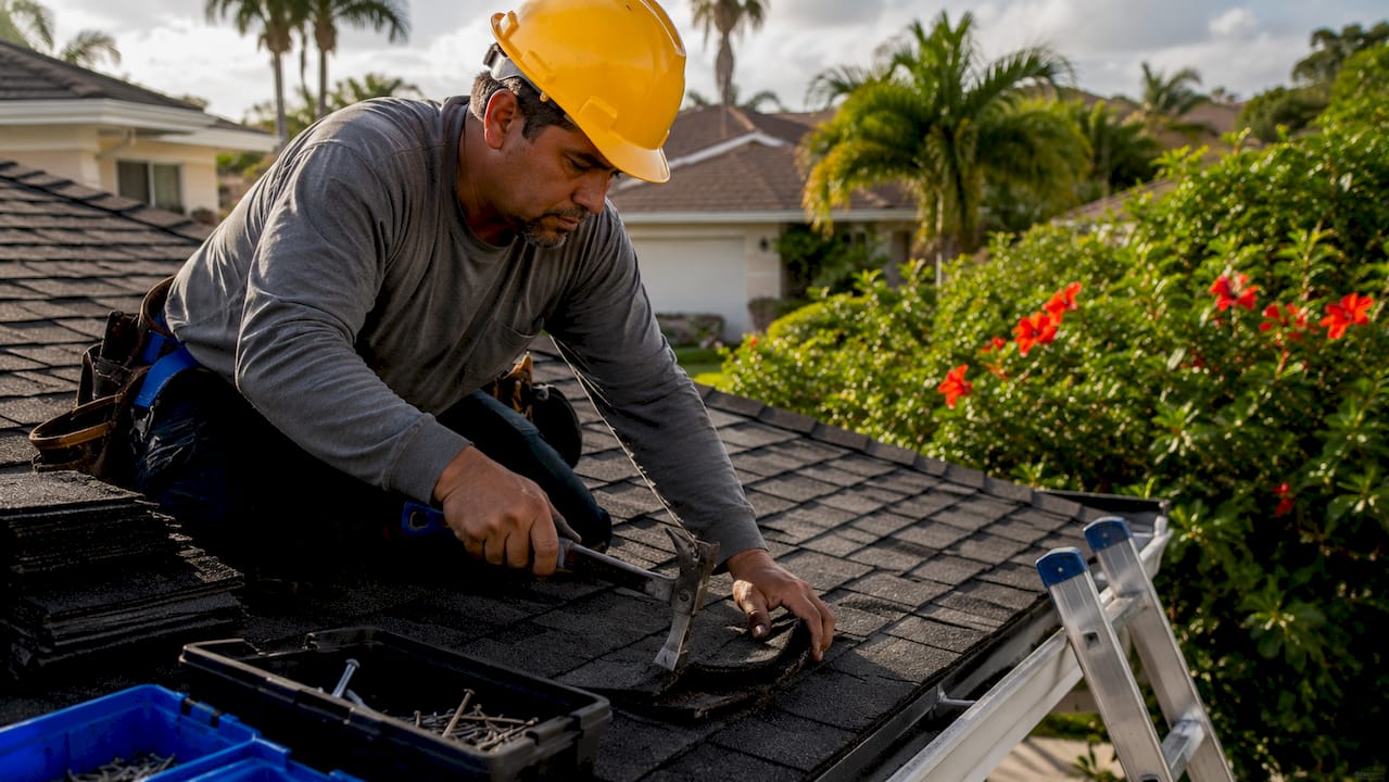 Worker repairing asphalt shingle on a South Florida roof