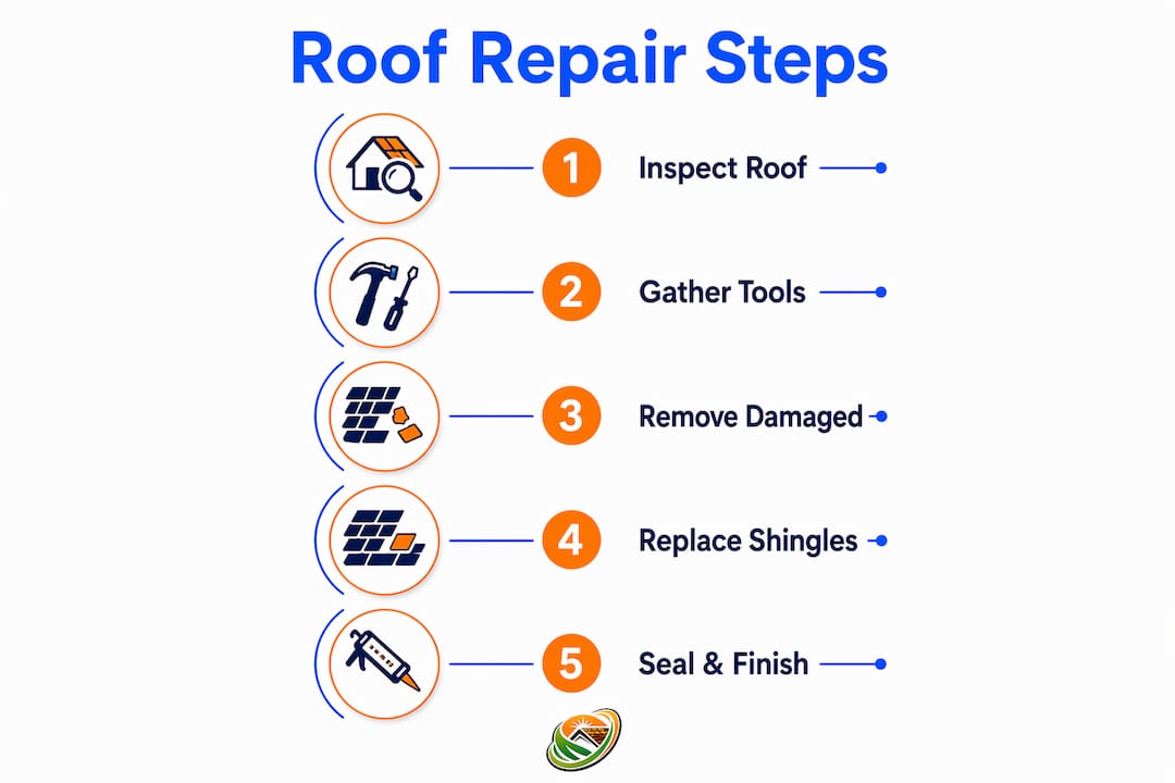 Infographic showing step by step asphalt roof repair process