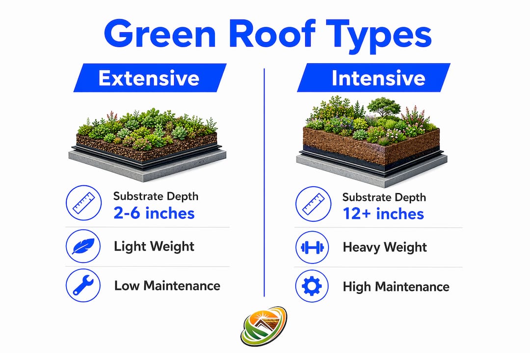 Infographic comparing extensive and intensive green roofs