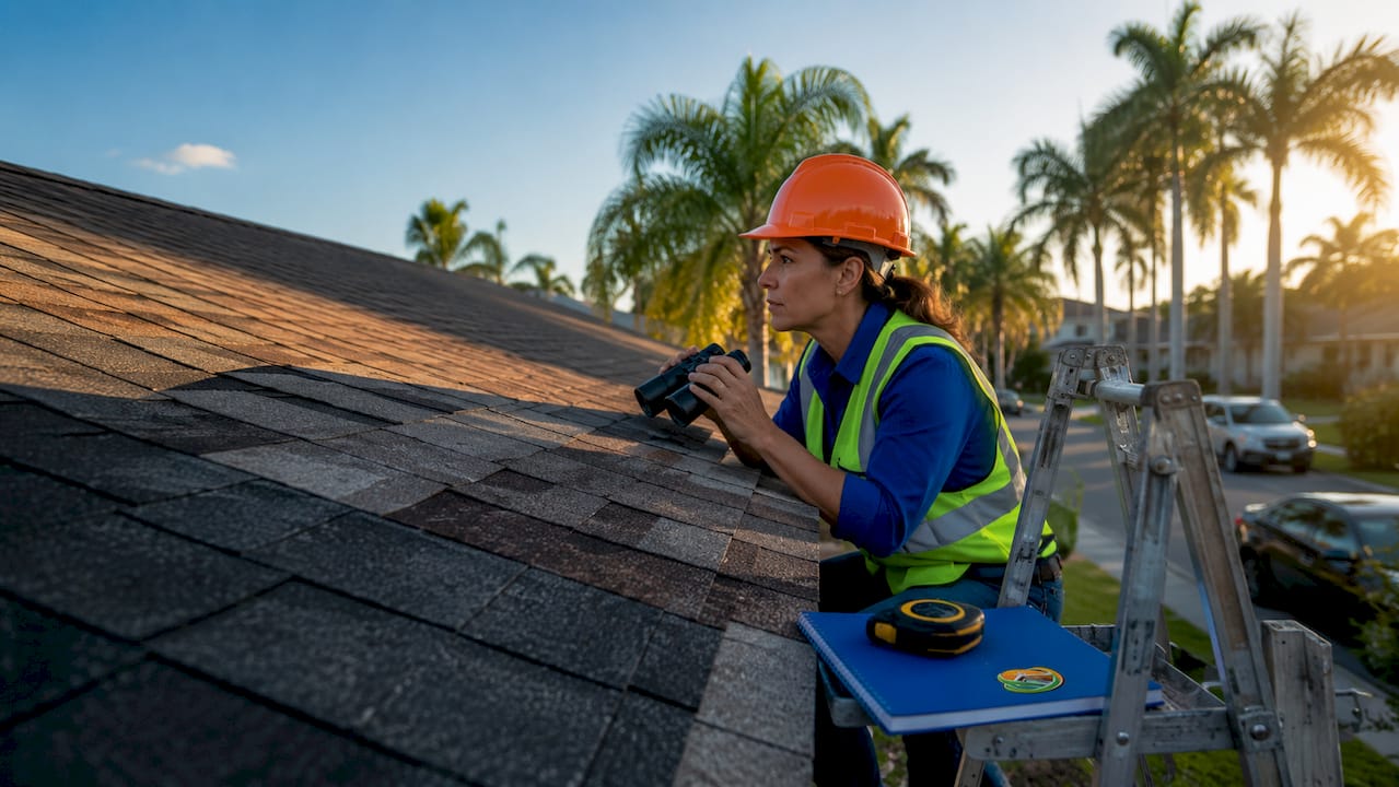 Roof inspector examining asphalt shingles outdoors