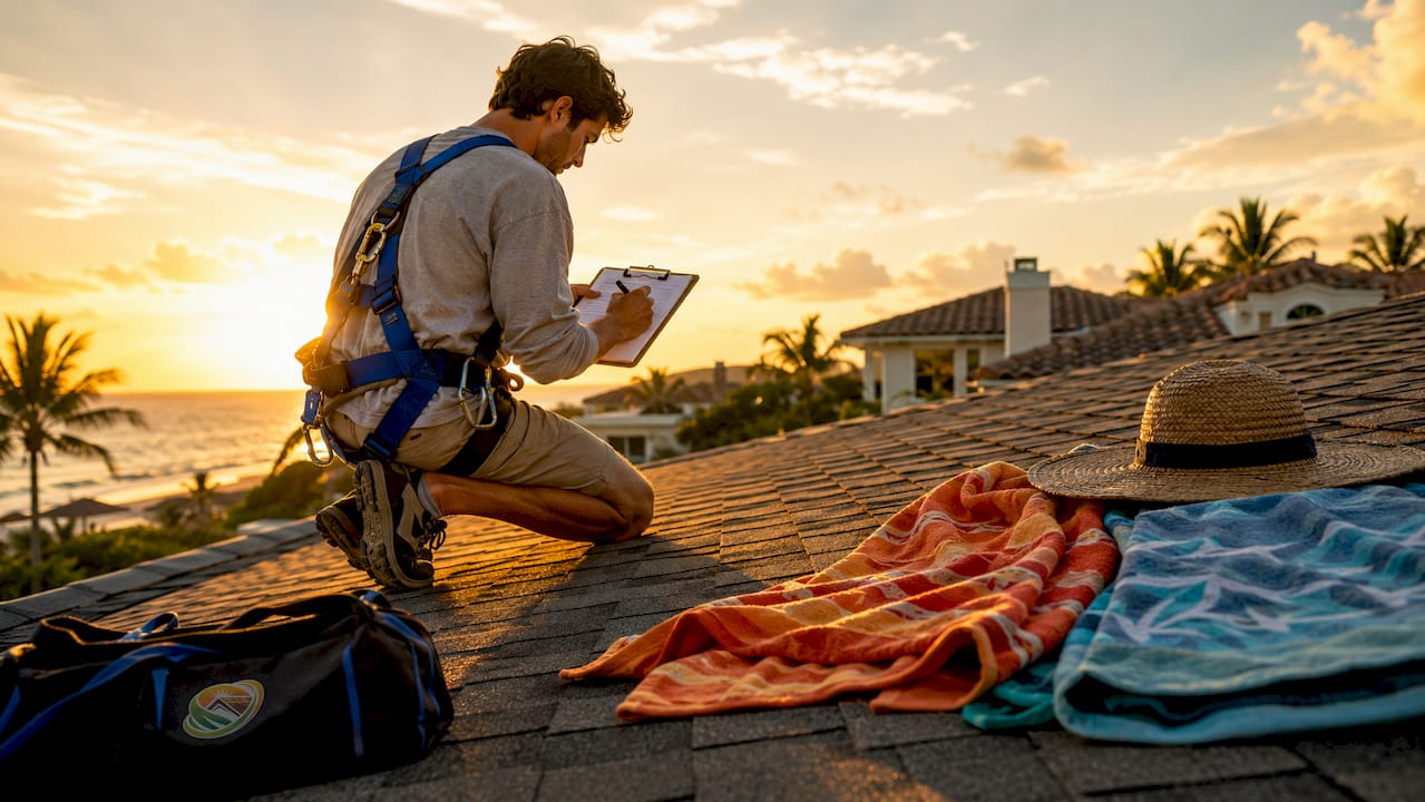 Roof inspector examining flexible asphalt shingles