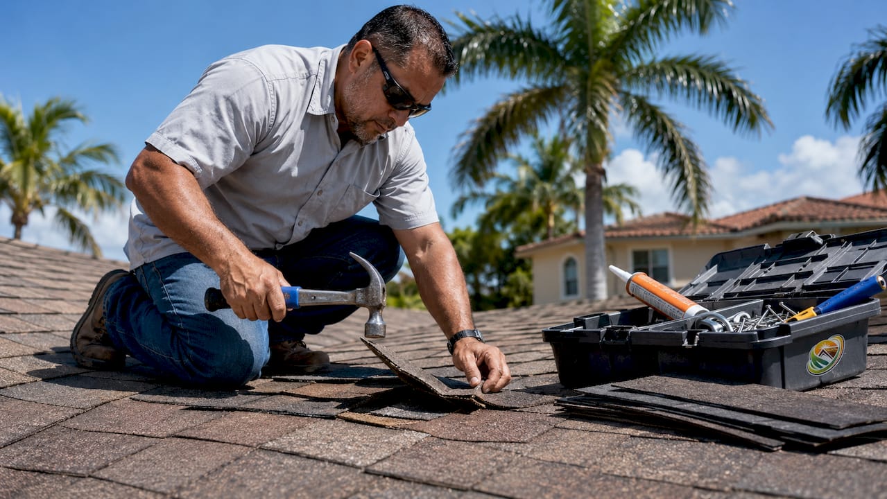 Homeowner repairing shingle on roof in Florida