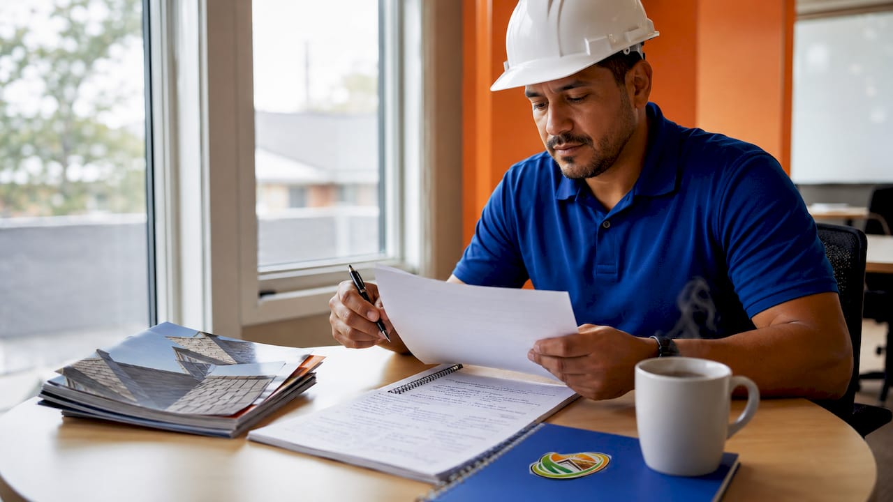 Roofing professional reviewing certification documents