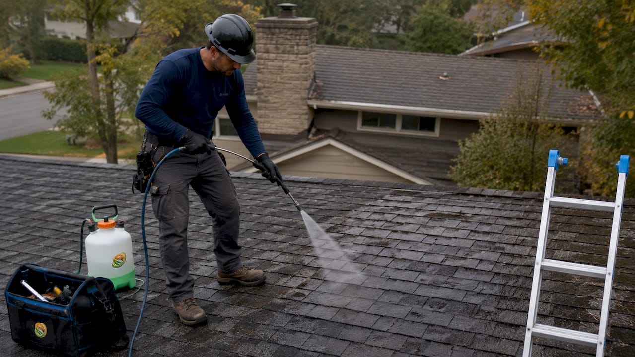Roofer applying GreenSoy treatment to aged asphalt shingles