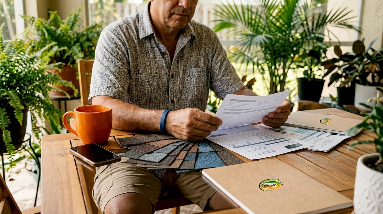 Homeowner reviewing roofing bids with calculator