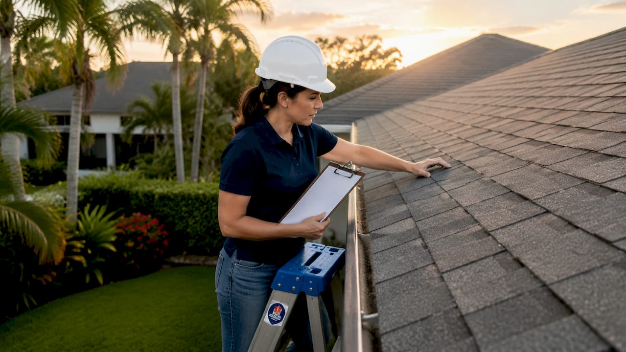 Roof inspector examining shingles on ladder