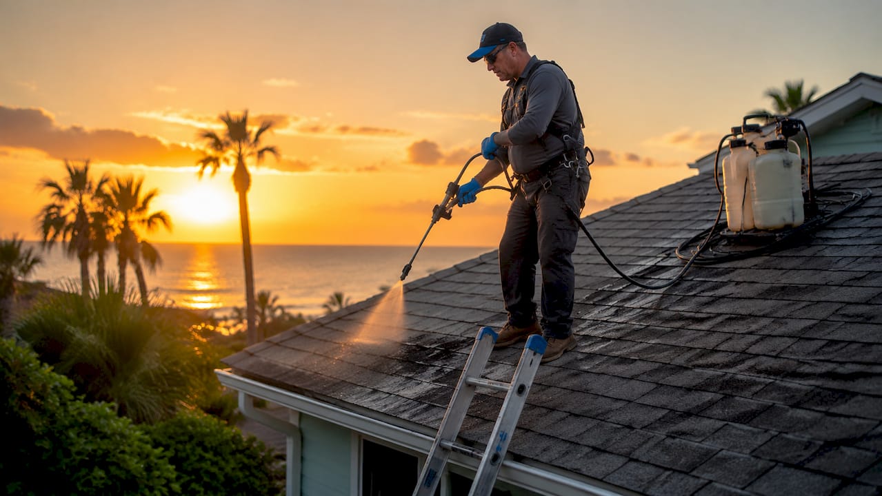 Roofer spraying rejuvenation treatment on shingles