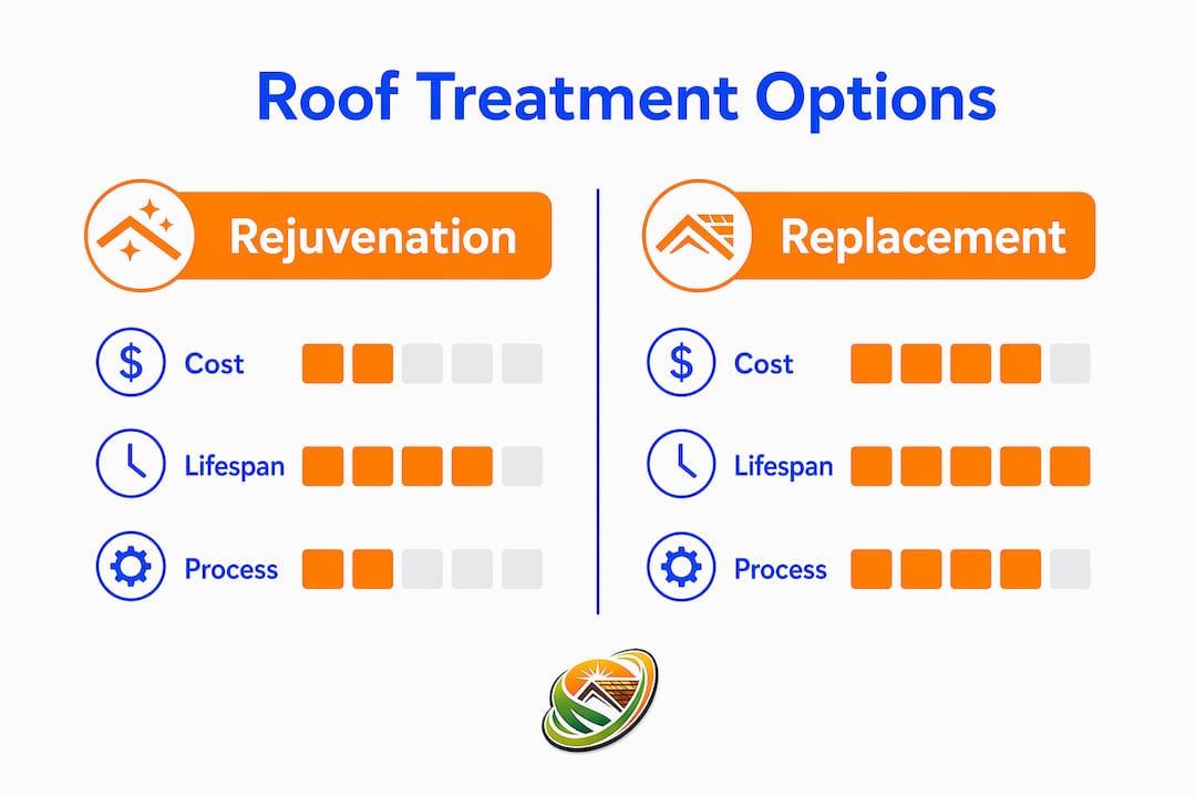 Infographic comparing roof rejuvenation and replacement