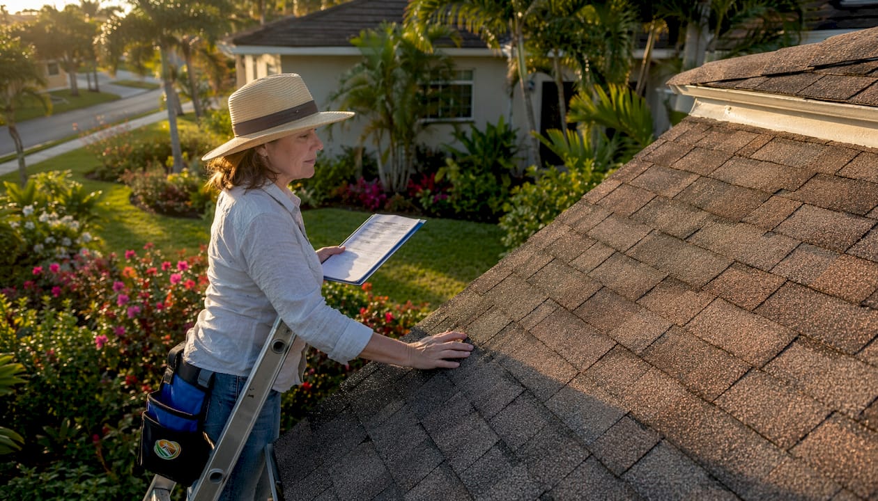 Homeowner inspecting shingle roof on ladder