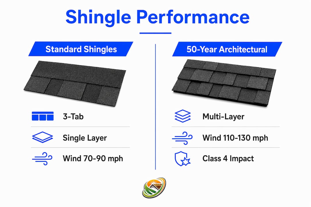 Infographic comparing standard and 50-year architectural shingles