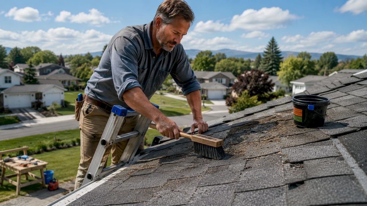 Homeowner preparing roof shingles for coating