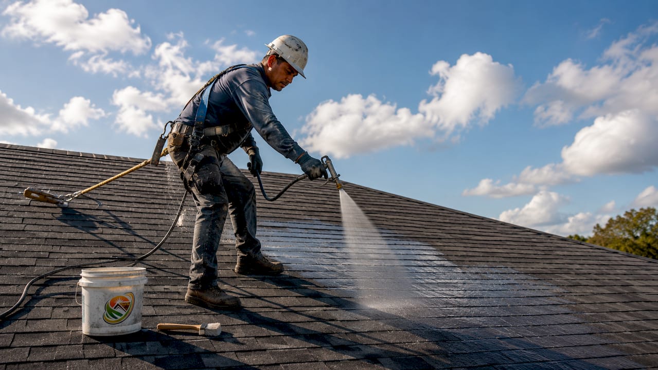 Professional roofer safely applying roof coating