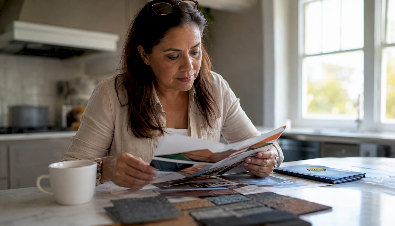 Woman reviewing roofing treatment brochures at desk