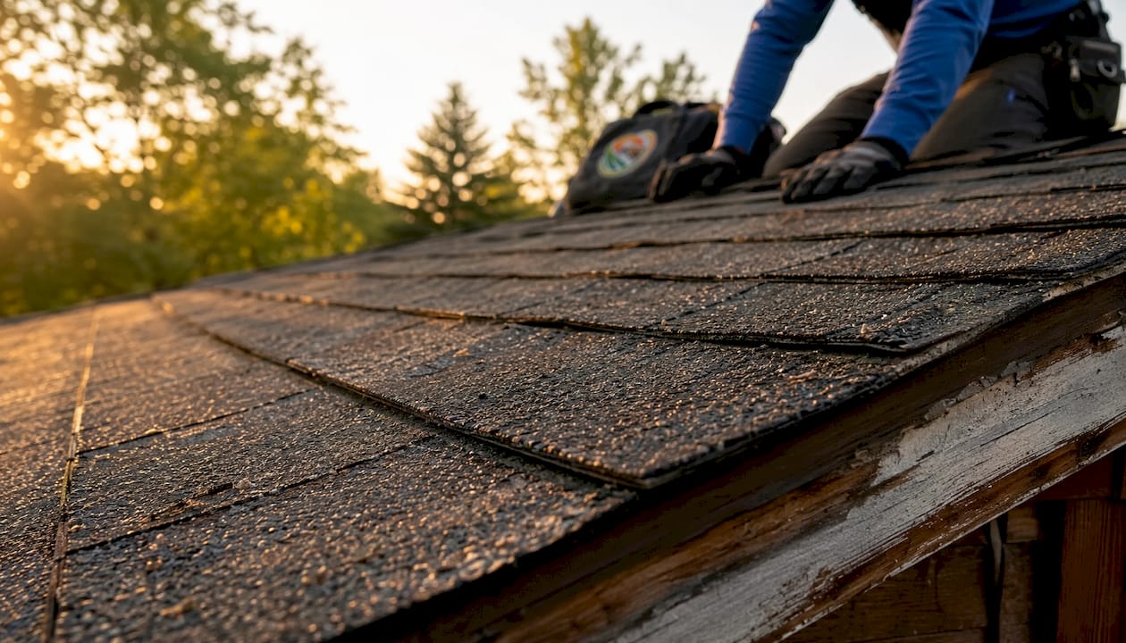 Close-up of aging asphalt shingles on roof