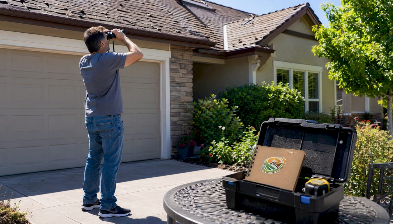 Homeowner inspecting roof with binoculars