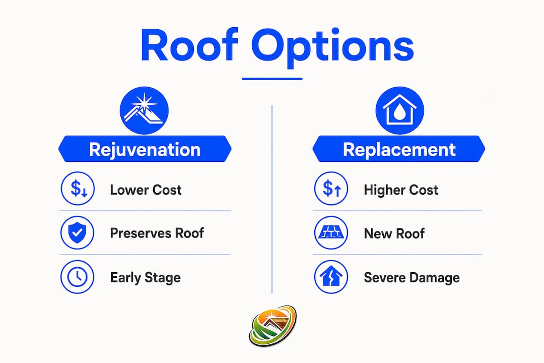 Infographic showing roof rejuvenation vs replacement comparison