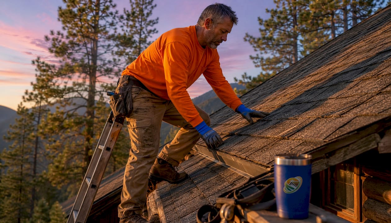 Roofing contractor inspecting shingles in daylight