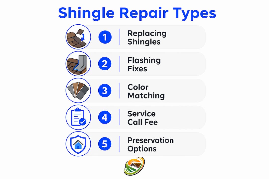 Infographic outlining main roof shingle repair types and steps
