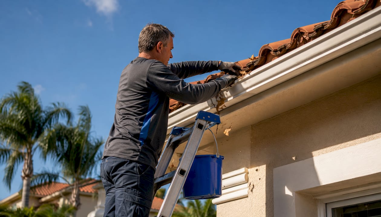 Man cleaning roof gutters outdoors