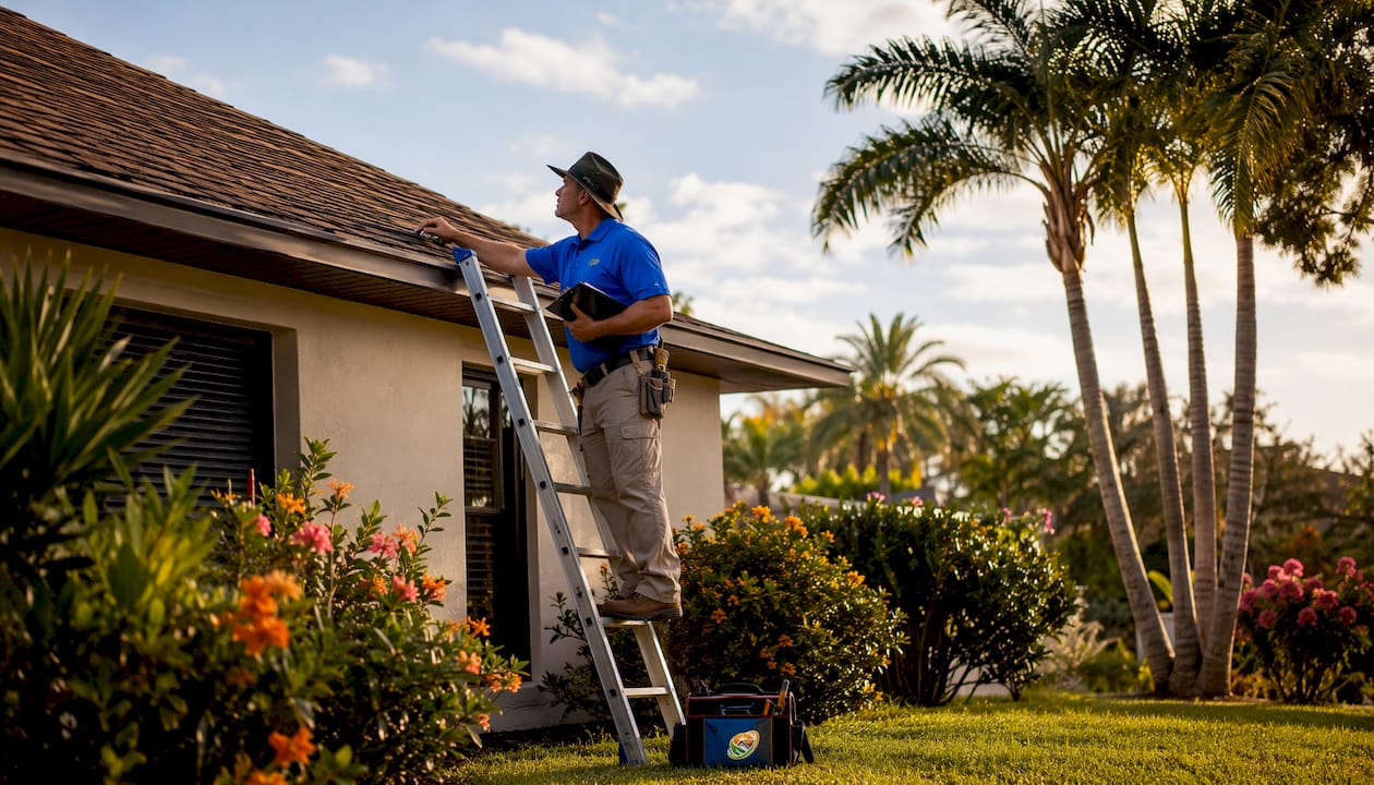 Roof inspector assessing shingle condition outdoors