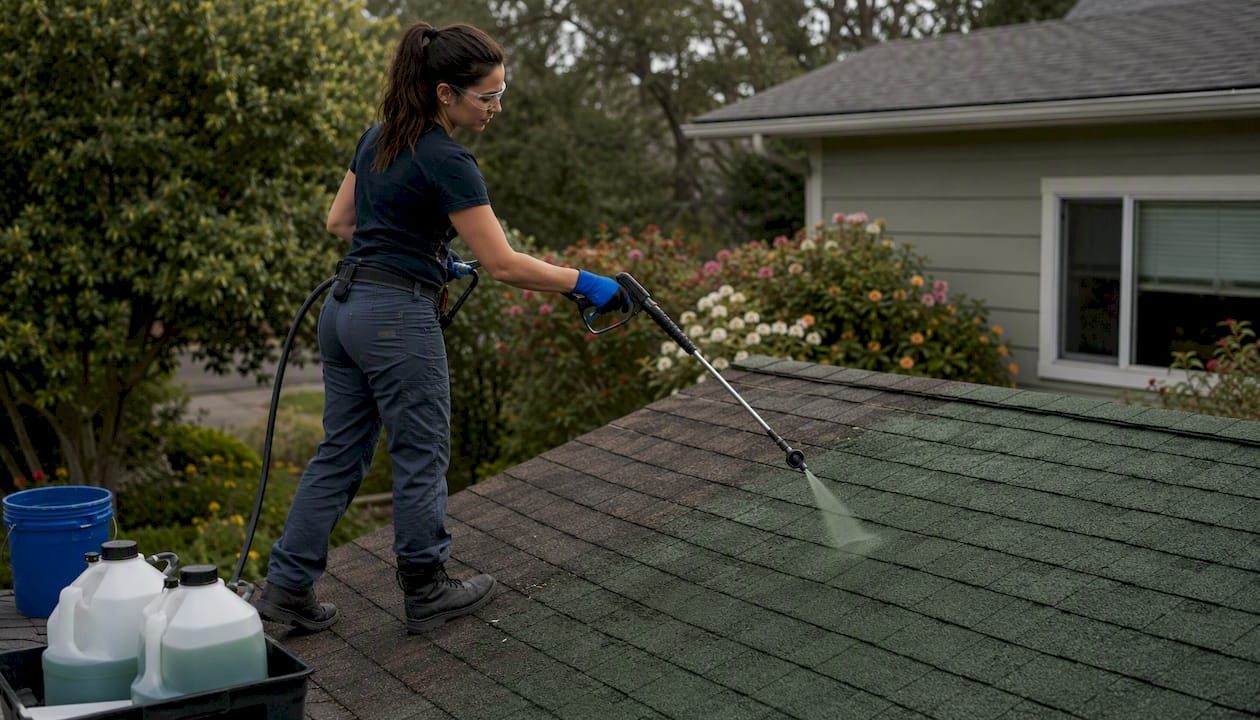Technician applying roof preservation treatment