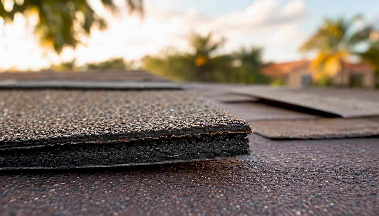 Laminated layers of asphalt shingle edge