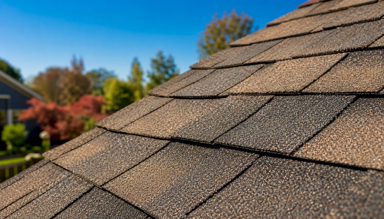 Close-up of layered architectural asphalt shingles