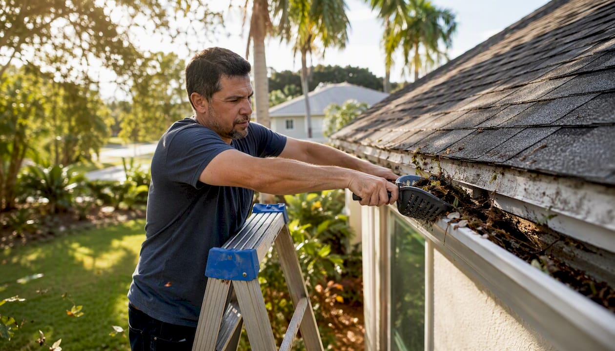 Homeowner cleaning clogged gutters with scoop