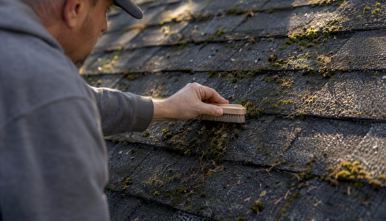 Removing moss and debris from asphalt shingles