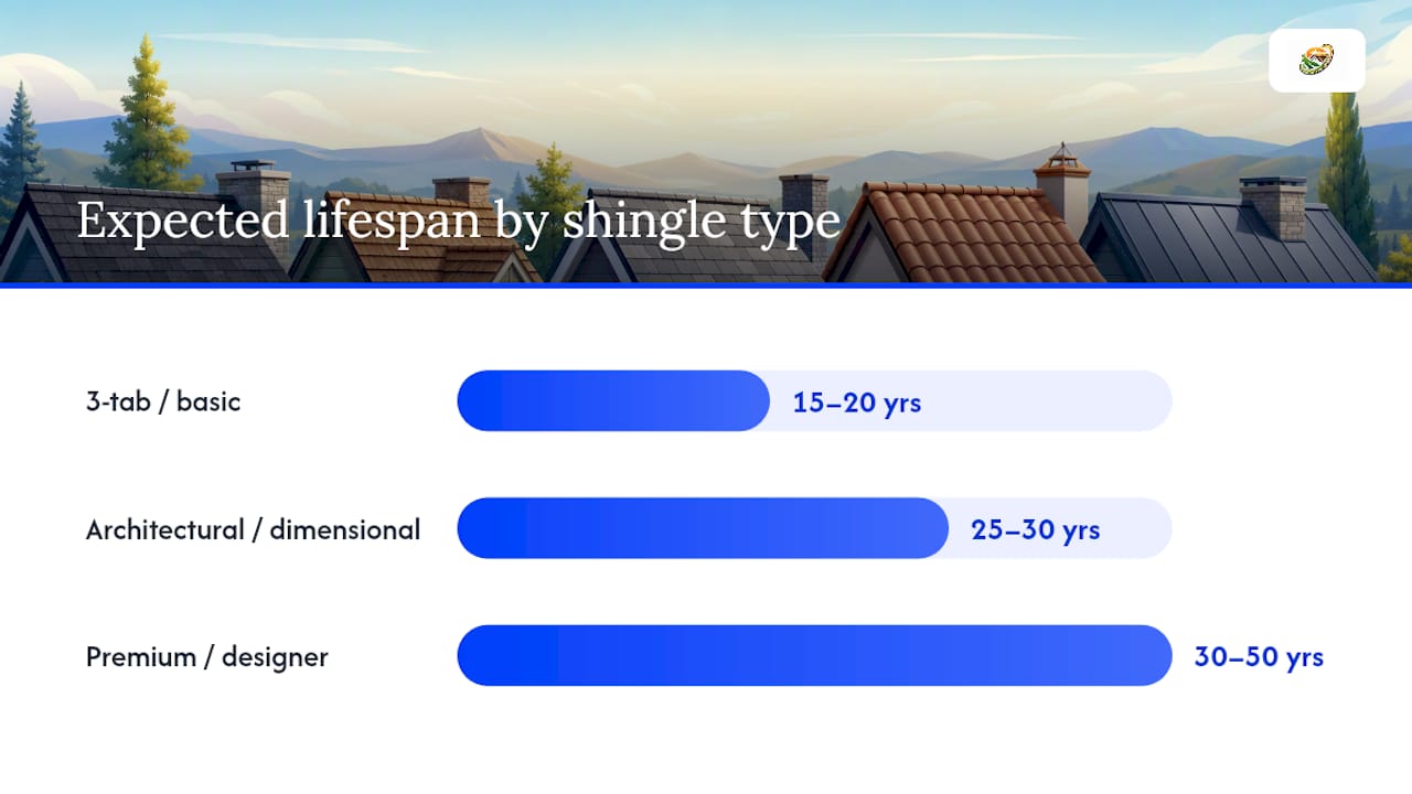 Comparison chart of shingle types by lifespan, weight, and cost
