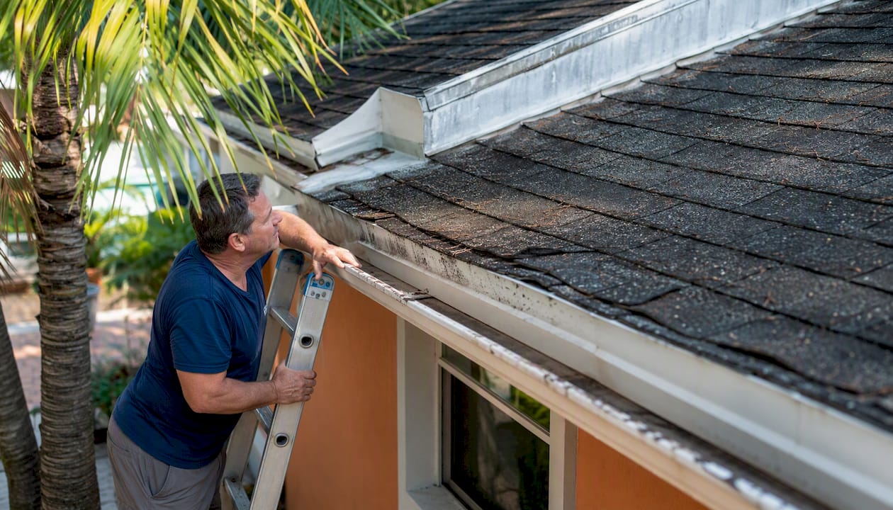 Homeowner inspecting roof eaves from ladder