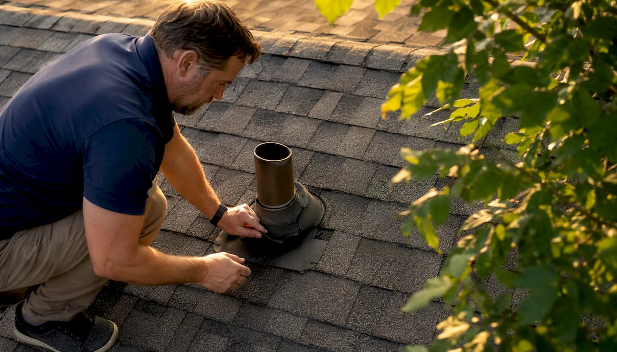 Homeowner inspecting cracked vent boot on roof