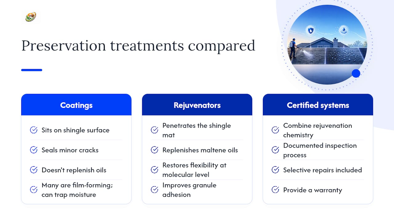 Comparison diagram of asphalt shingle preservation treatment types