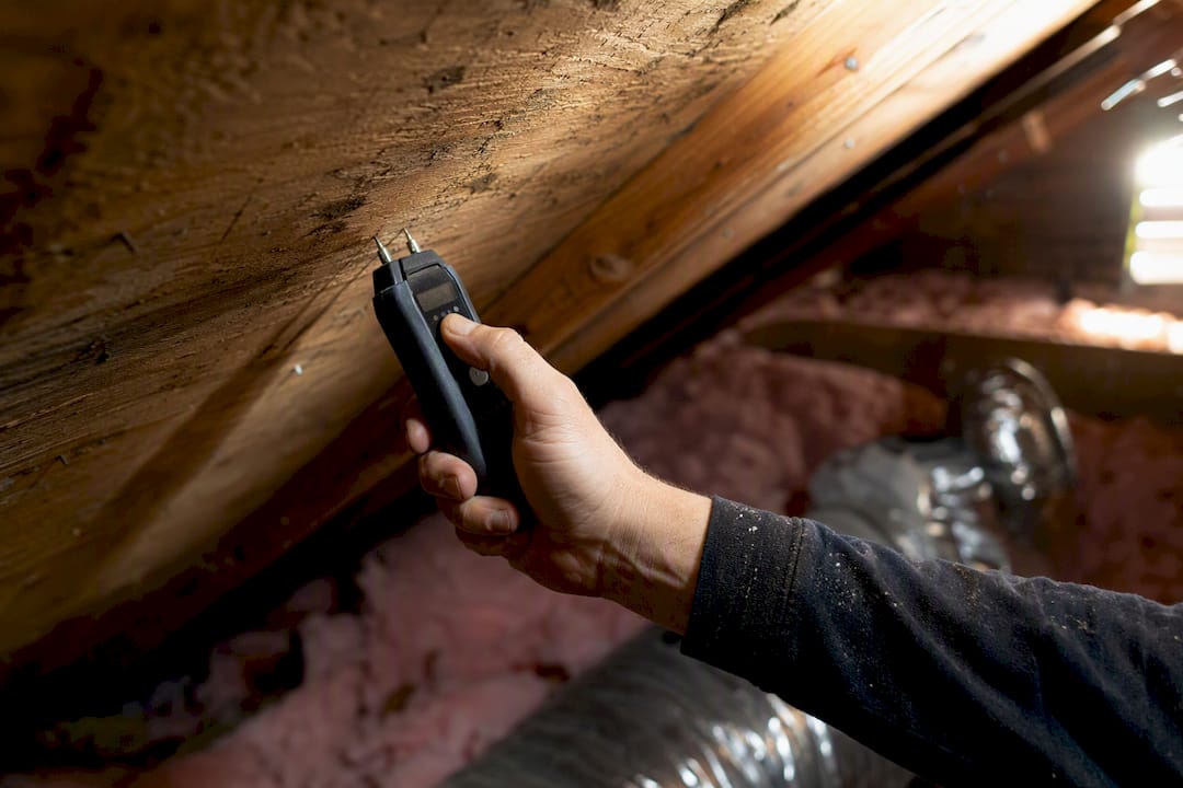 Hand inspecting attic roof deck moisture with tool