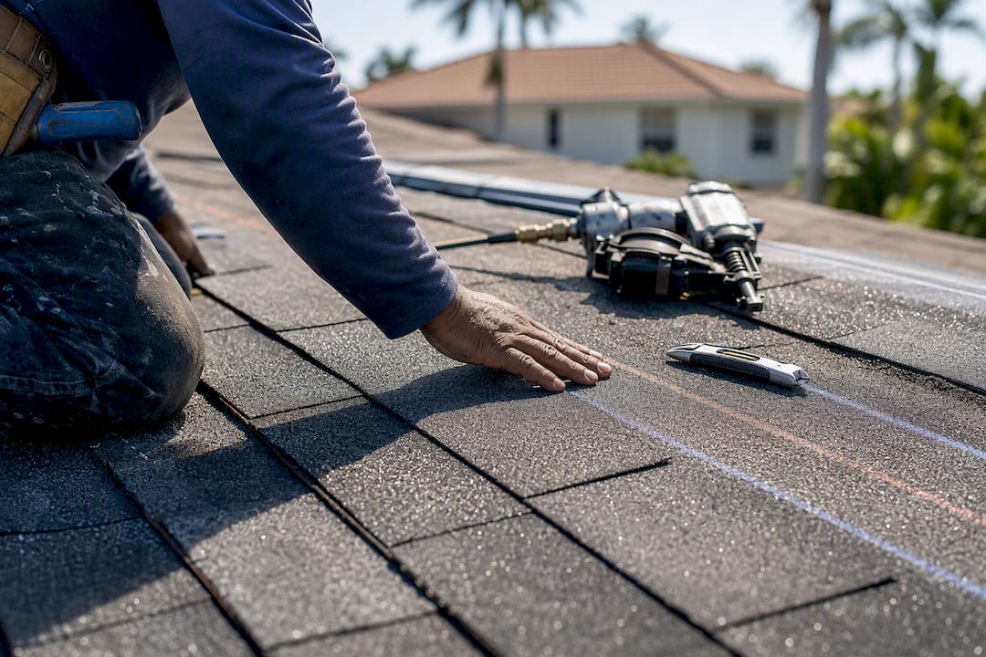 Close-up of architectural asphalt shingles being installed