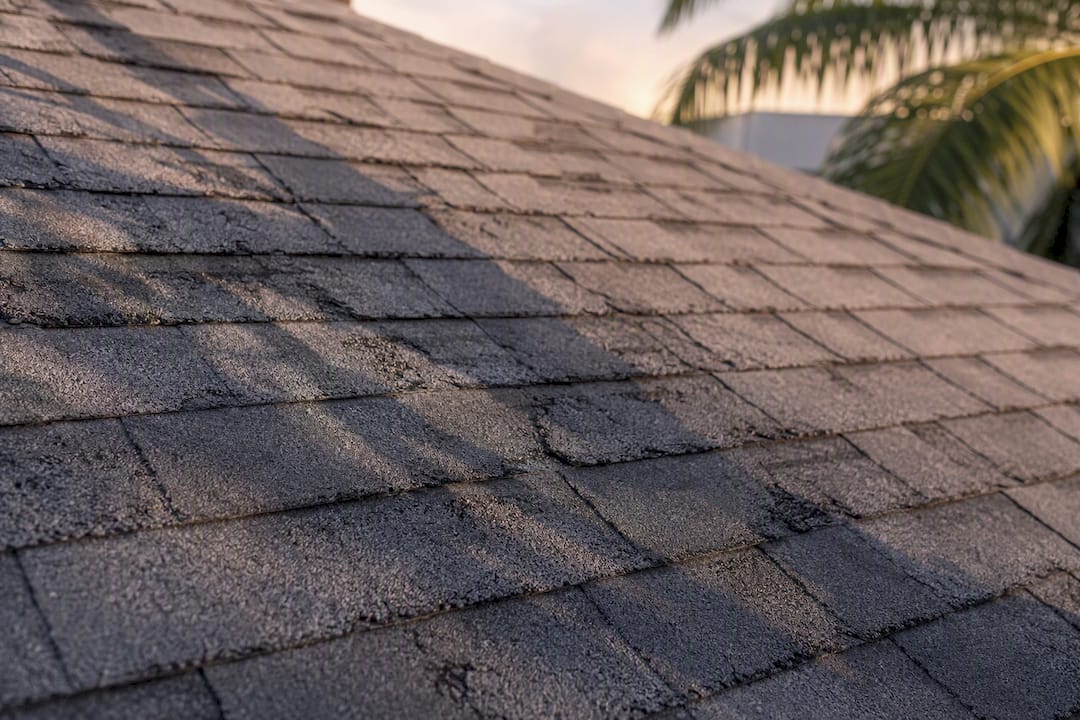 Close-up of granule loss on asphalt shingles