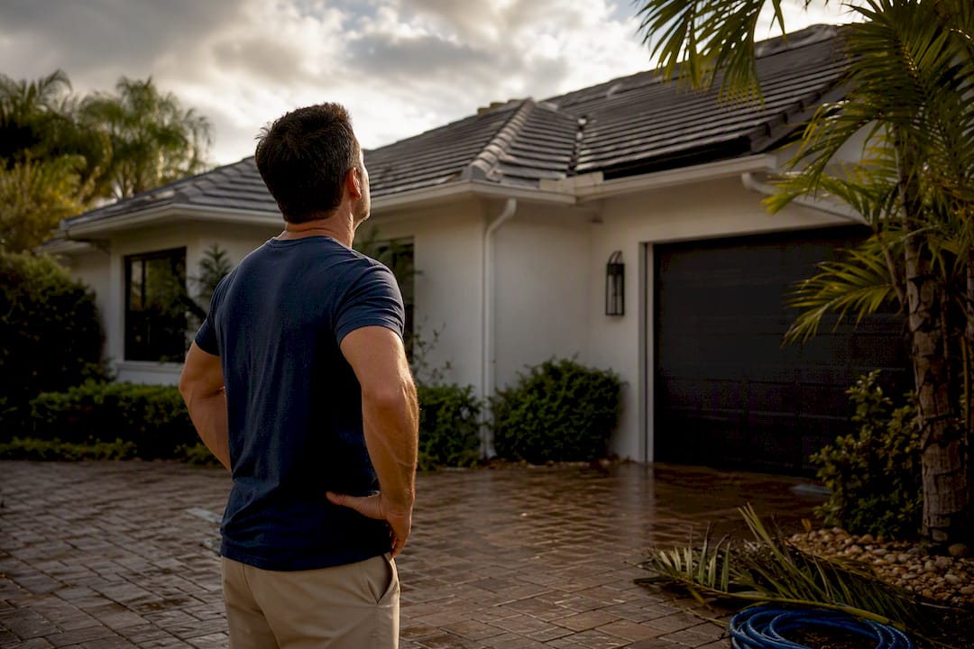 Homeowner checking roof after a storm
