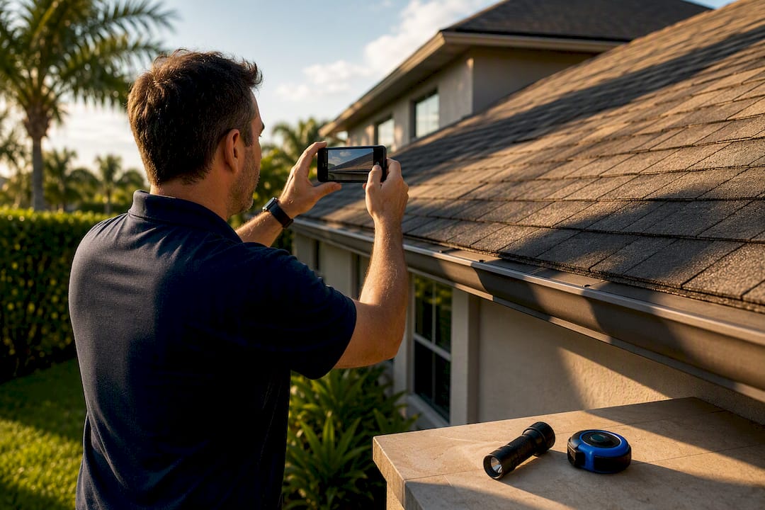 Homeowner photographing roof before treatment