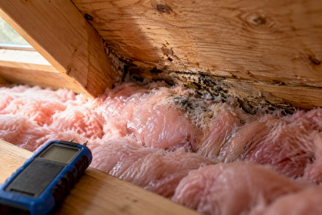 Wet attic insulation showing moisture damage