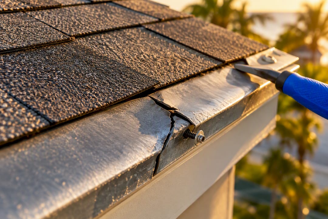 Cracked flashing and loose roof fastener