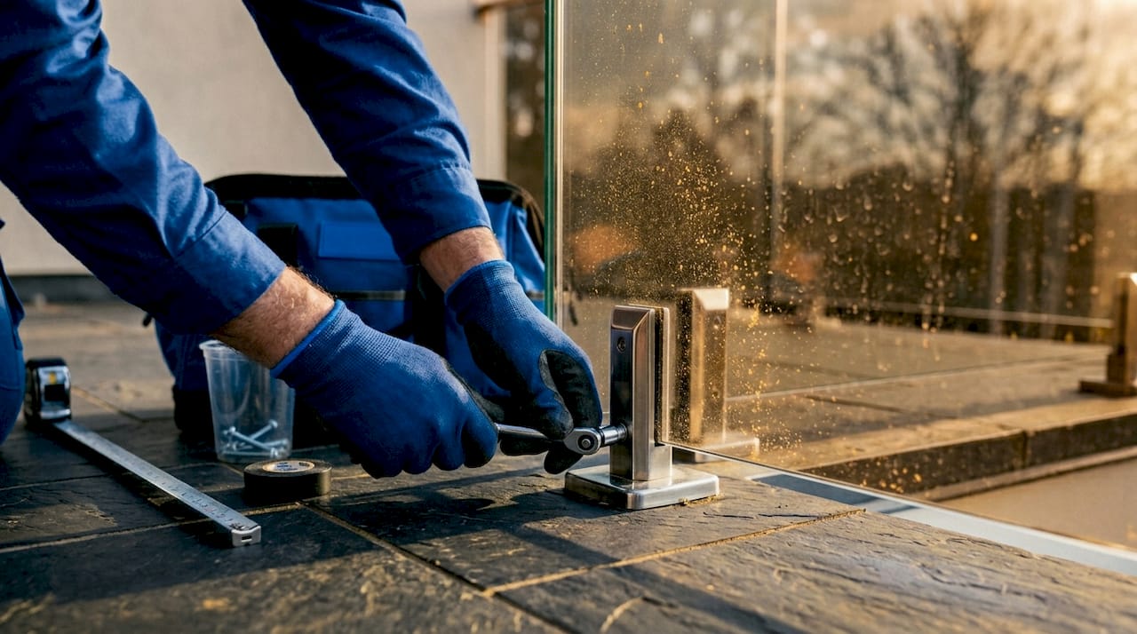 Closeup hands install glass railing outdoors