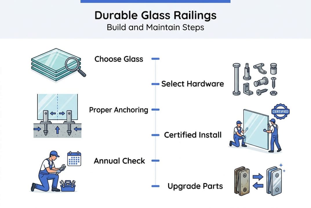 Infographic showing glass railing durability process steps