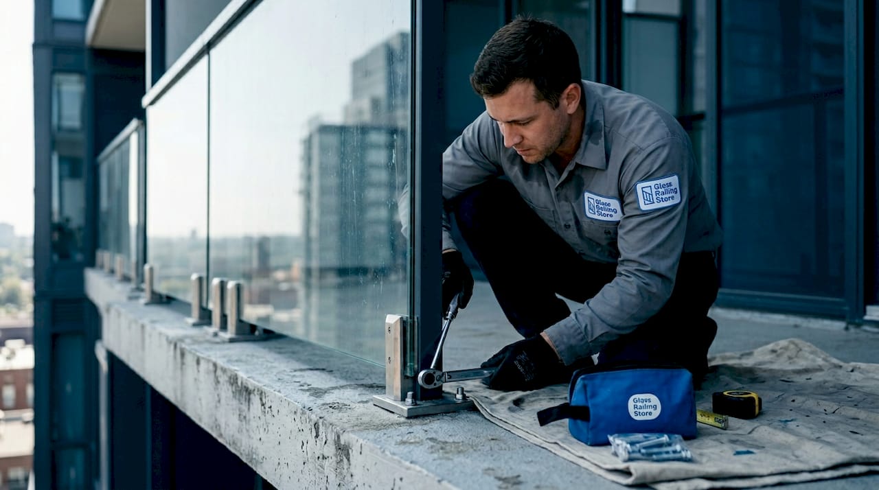 Installer checking stainless steel railing anchor