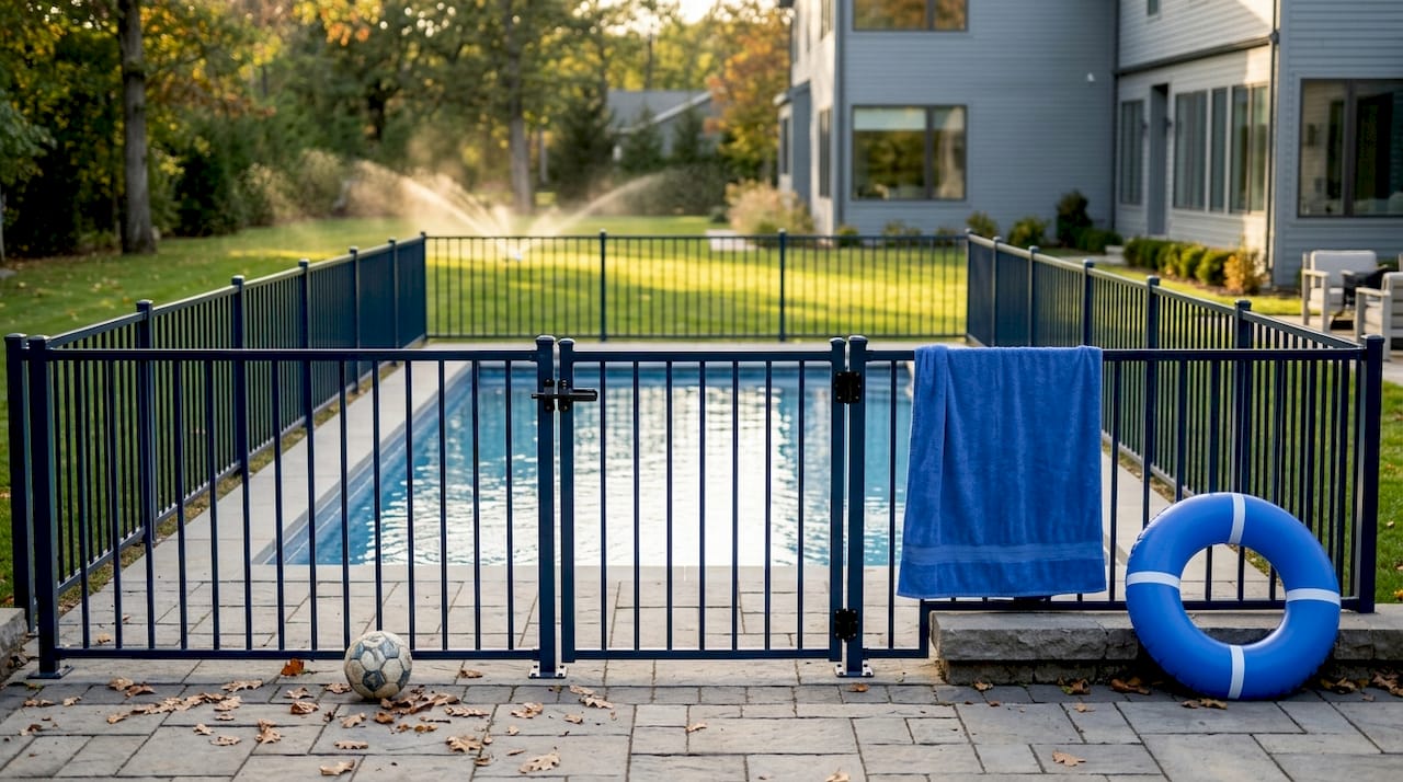 Four-sided pool fence separates pool from yard
